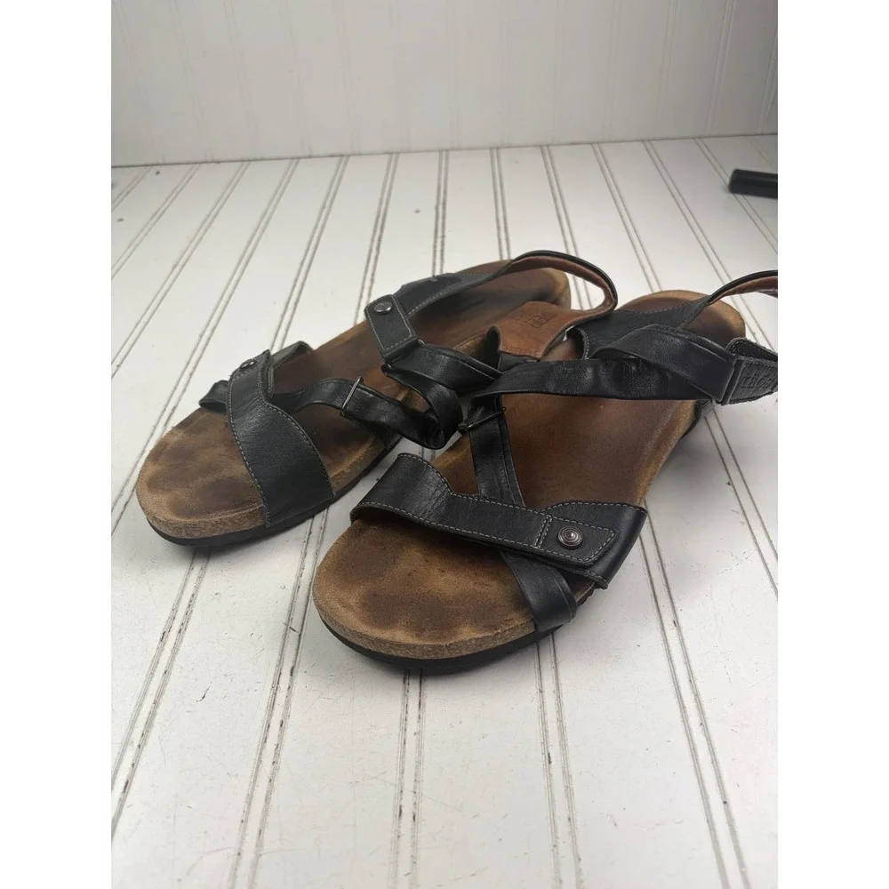 Taos Trulie Black Leather Strappy Comfort Wedge Universe Sandals Womens 10-10.5